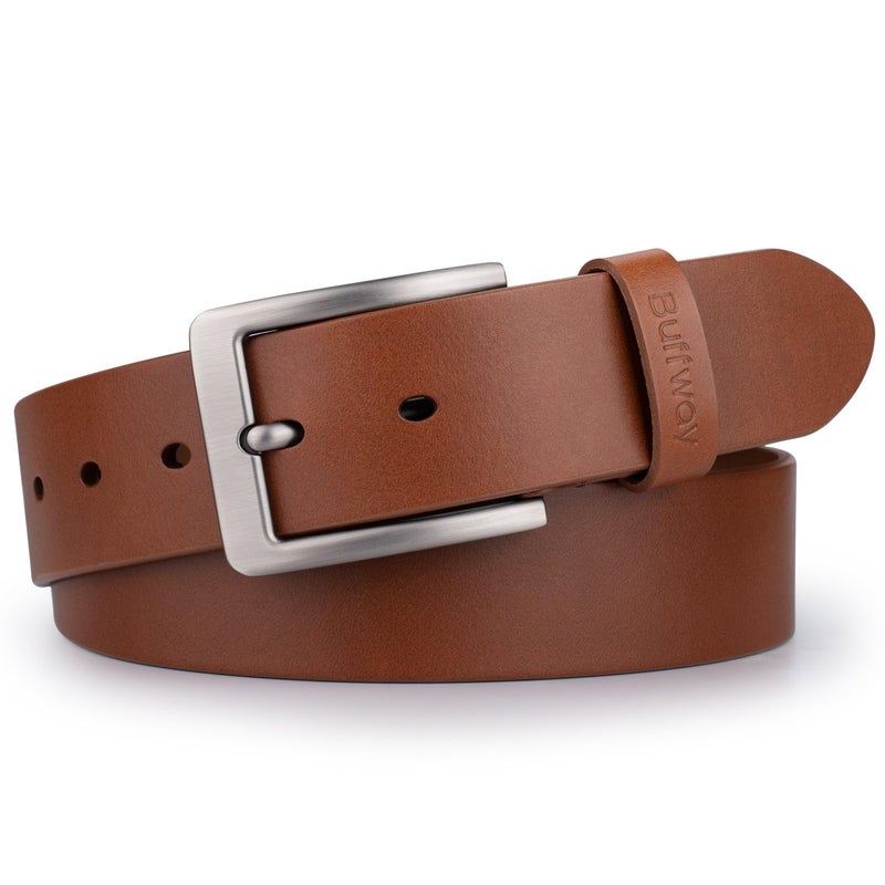 Buffway Menâ€™s Full Grain Leather Belt â€“ Solid One-Piece Leather, 1.5â€ Wide for Jeans & Business Casual, Gift Box Included - 32â€ Brown - Image 1